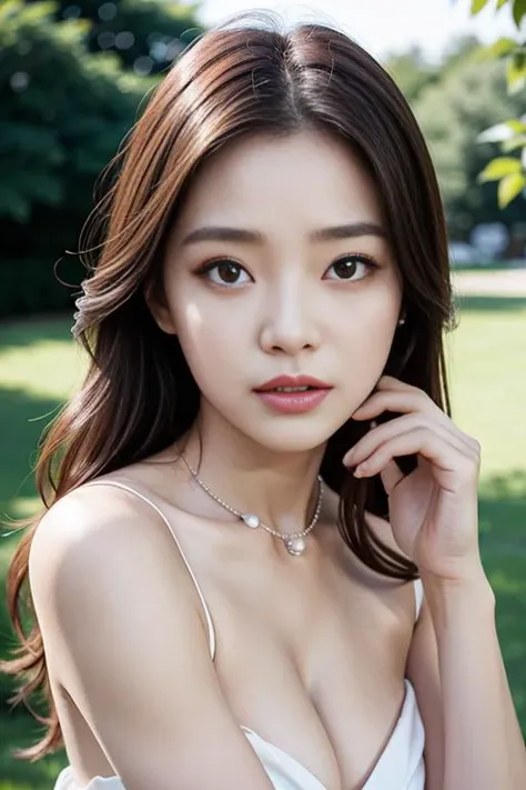 film grain,1 Ulzzang girl,long lashes,mascara,aegyo sal,cleavage visible,(drooping eyes),oval face,(masterpiece:1.2) and (best quality:1.2) and (photorealistic:1.4) and (Realistic:1.4) and Detailed Skin Textures and detailed skin pores,wear elegant dresses...