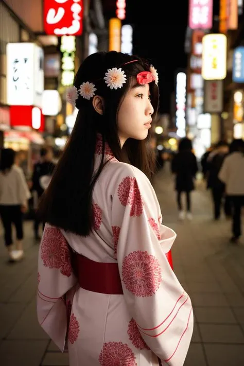 flash photography,medium shot,film grain,Film still, cinematic,A photo of an 18-year-old Japanese woman wearing a kimono on a Tokyo street at night,Wear beautiful Japanese style hair accessories