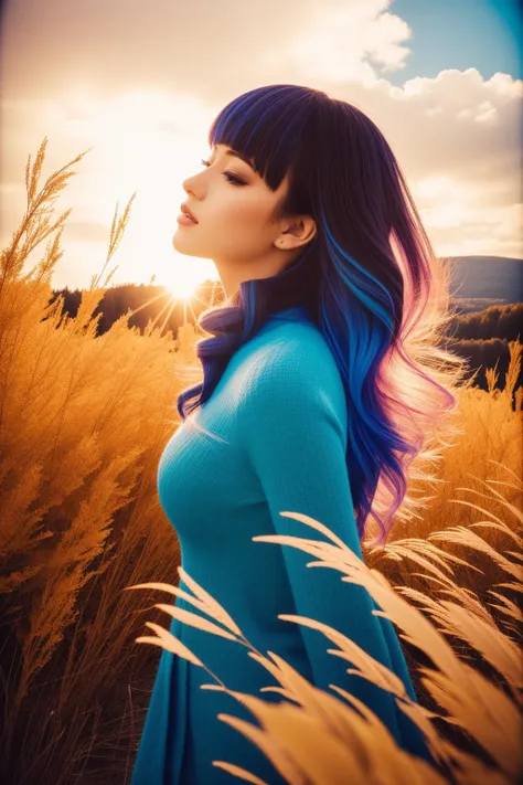 a woman with blue hair and purple hair standing in a field