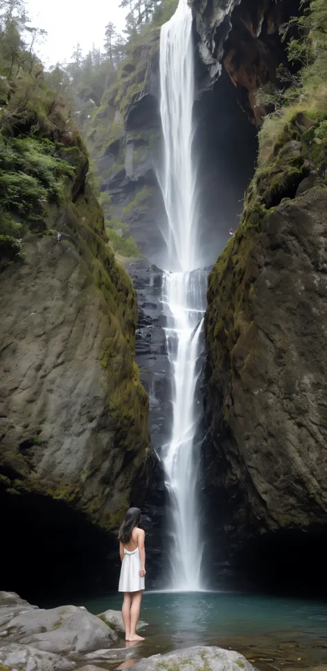 Beneath a towering cliff,a woman stands with a cascading waterfall behind her. The weather is overcast,casting the scene in a palette of cool,subdued colors. The waters roar contrasts with the gentle,soft composition of the scene,creating a sense of harmon...