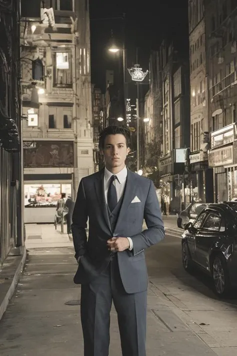 flash photography,medium shot,film grain,Film still, cinematic,color photo of Handsome man,Wearing expensive suits, formal attire,night street background,hands in pockets