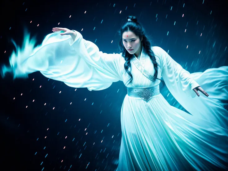 arafed woman in white dress in the rain with flowing dress