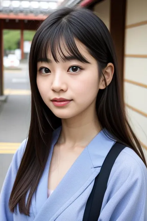 a close up of a woman with long hair wearing a blue shirt