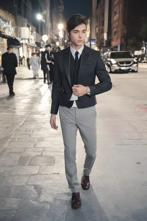 flash photography,medium shot,film grain,Film still, cinematic,color photo of Handsome man,Wearing expensive suits, formal attire,night street background