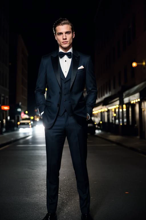 flash photography,medium shot,film grain,Film still, cinematic,color photo of Handsome man,Wearing expensive suits, formal attire,night street background