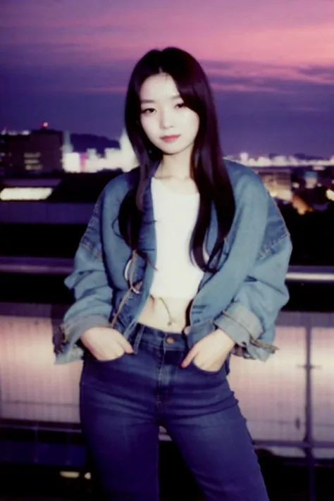 a close up of a person standing on a roof with a city in the background