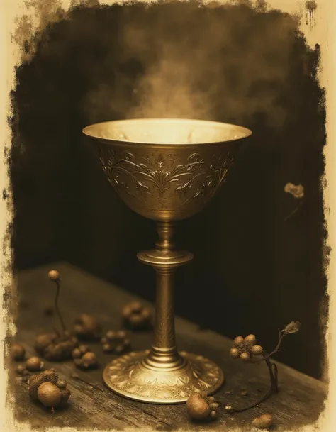 Albumen print ("Chalice of the Void":1.1) , Sepia tones, fine details, subtle tonal gradations, delicate highlights, vintage aesthetic, soft and muted atmosphere, historical charm, rich textures, meticulous craftsmanship, classic photographic technique, vi...