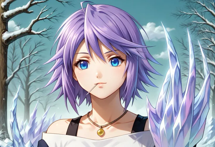 anime girl with purple hair and blue eyes standing in the snow