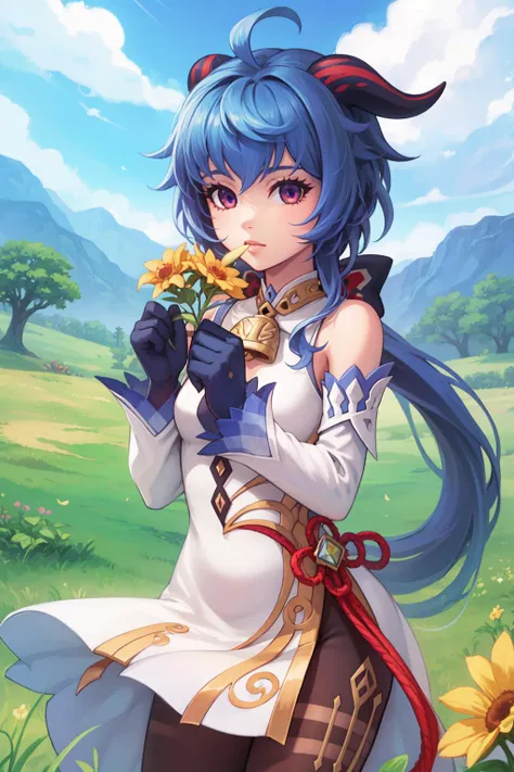 masterpiece, best quality, 1girl, solo,  <lora:SeeDark_Style_v11:1>,  <lora:ganyu_v1:1>, eating a flower, grassy field,  aaganyu, (very long hair, low ponytail:1.3), ahoge, horns, bare shoulders, neck bell, bodystocking, white dress, gold trim, flower knot...