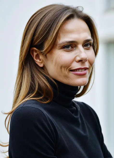 a stunning intricate full color portrait of (sks woman:1), wearing a black turtleneck, epic character composition, sharp focus, ...