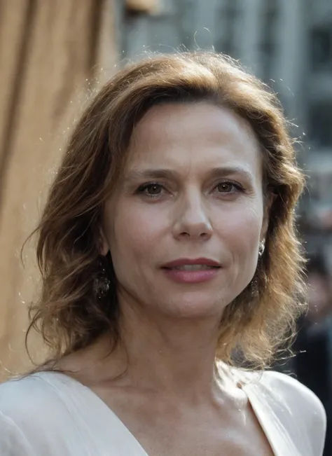 a close up of a woman with a white dress and a city background