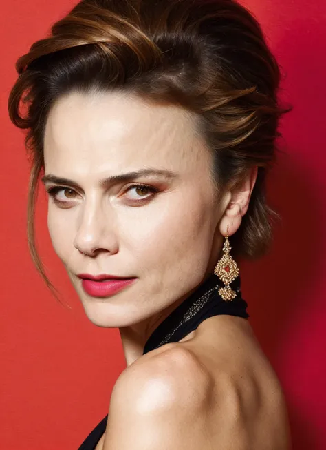 a close up of a woman with a black dress and earrings