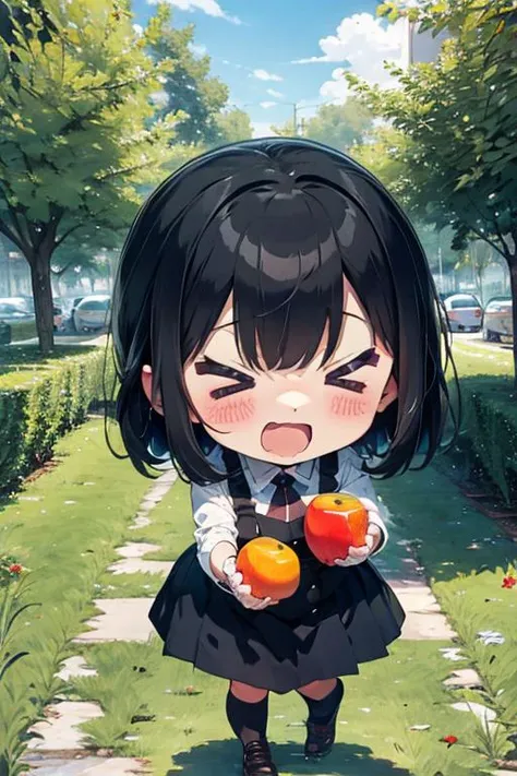 anime girl holding two apples in her hands and making a face