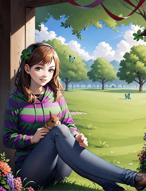 cartoon, masterpiece, best quality, (realistic), extreme detail,volumetric lighting, 8k, detailed face, young woman, petite, slim, vivian james, hairband, four-leaf clover, striped, hoodie,hood down,jeans, sitting grass, touching grass, vegetation, flowers...