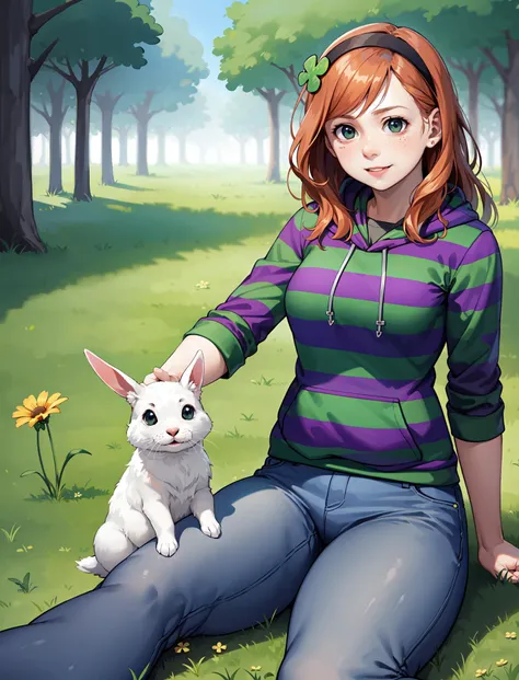 cartoon, masterpiece, best quality, (realistic), extreme detail,volumetric lighting, 8k, detailed face, young woman, petite, slim, vivian james, hairband, four-leaf clover, striped, hoodie,hood down,jeans, sitting grass, touching grass, vegetation, flowers...