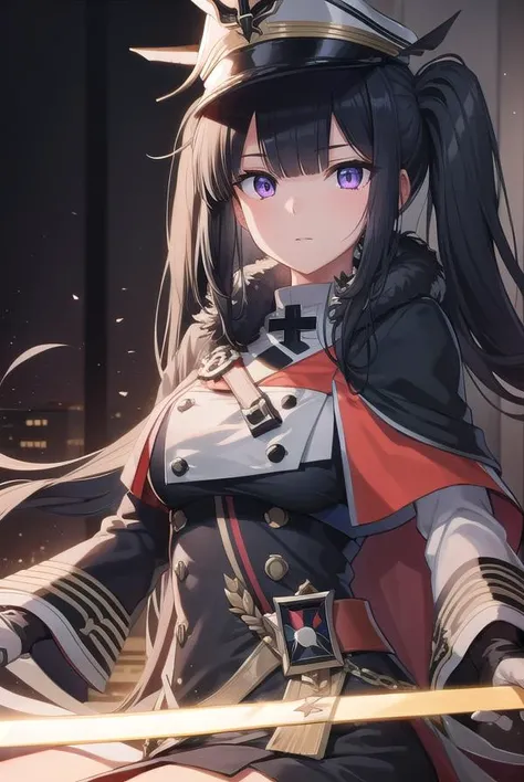 peterstrasser, <lyco:peterstrasser-lyco-nochekaiser:1>,
peter strasser, black hair, hair over one eye, long hair, one eye covered, (purple eyes:1.1), twintails,
BREAK armored boots, black coat, black footwear, black ribbon, boots, buttons, cape, coat, fur ...