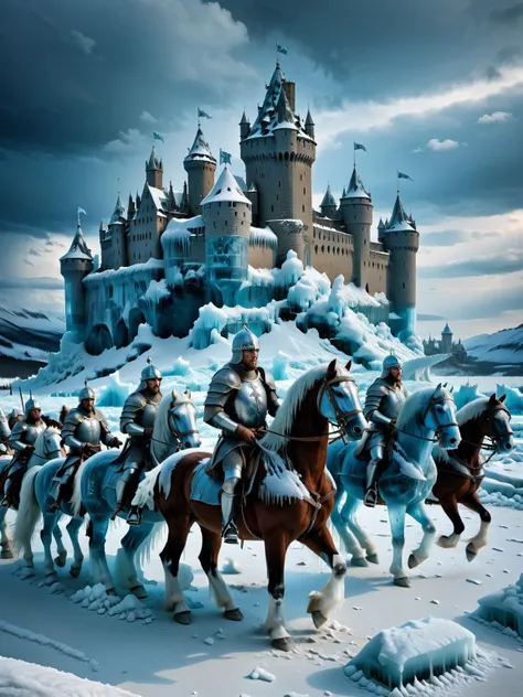 ral-glacial, A dramatic scene of a medieval battle, with warriors, horses, and castles all in stunning glacial ice form, under a stormy sky <lora:ral-glacial-sdxl:1>, epic, transparent, HDR, captured with a Hasselblad X1D for a classic, timeless quality, <...