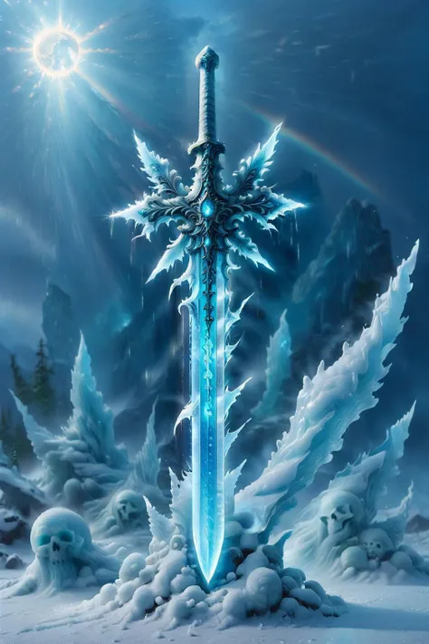 a sword with a blue frosty blade in the middle of a snowy landscape