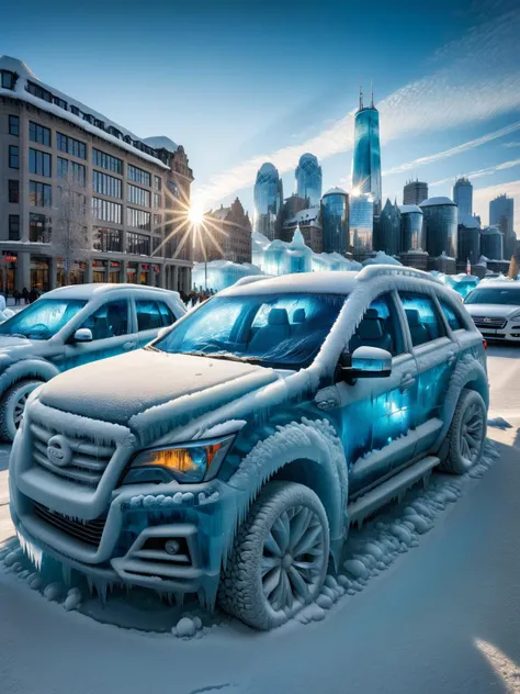 ral-glacial, An awe-inspiring image of a city skyline where the buildings, streets, and vehicles are encased in translucent glacial ice, reflecting the morning sun <lora:ral-glacial-sdxl:1>, scattered light, reflection, dramatic, intricate, HDR, photograph...