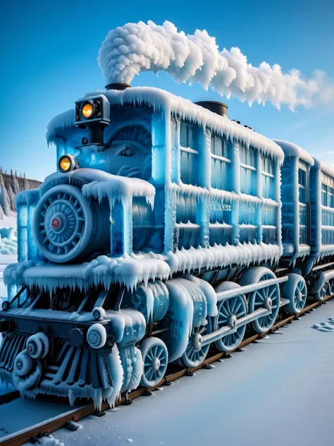 ral-glacial, A captivating image of a glacial ice-covered train, steam rising, as it cuts through a frozen, winter landscape, with intricate ice formations <lora:ral-glacial-sdxl:1>, dynamic, HDR, shot with a Fujifilm GFX 100 for ultra-high resolution and ...