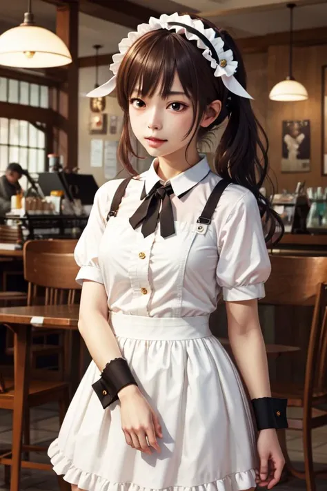 solo, masterpiece, best quality, unity 8k wallpaper, illustration, ultra-detailed, indoors, <lora:fleur_de_lapin_uniform_v2-000004:0.6>, frilled hairband, wrist cuffs, fleur de lapin uniform, blush, cafe, realistic,