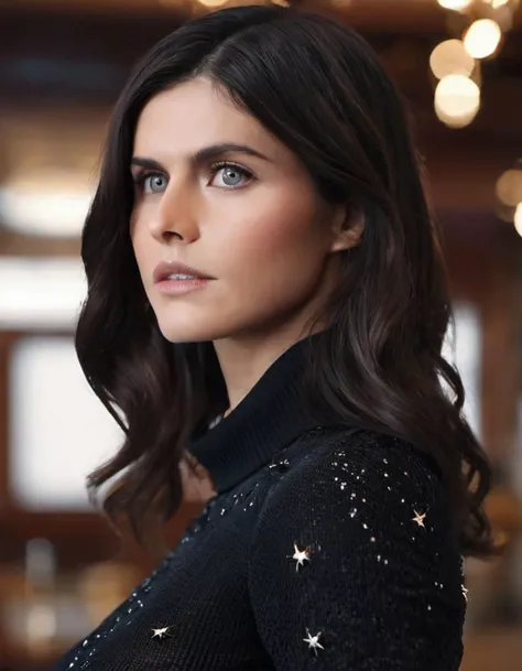 breathtaking (closeup:1.2), skswoman, elegant 1girl, solo, looking at viewer, black hair, shirt white turtleneck, jewelry, serious look, long hair,  background blurry bar, realistic, wet lips, professional, 4k, highly detailed  <lora:Alexandra Daddario:0.9...