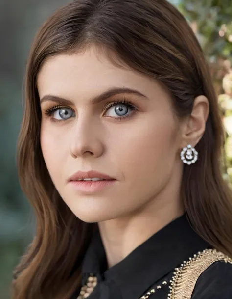 skswoman, 1girl, solo, looking at viewer, brown hair, shirt, jewelry, earrings, lips, black shirt, portrait, realistic, nose, bokeh, professional, 4k, highly detailed  <lora:Alexandra Daddario:1.1>