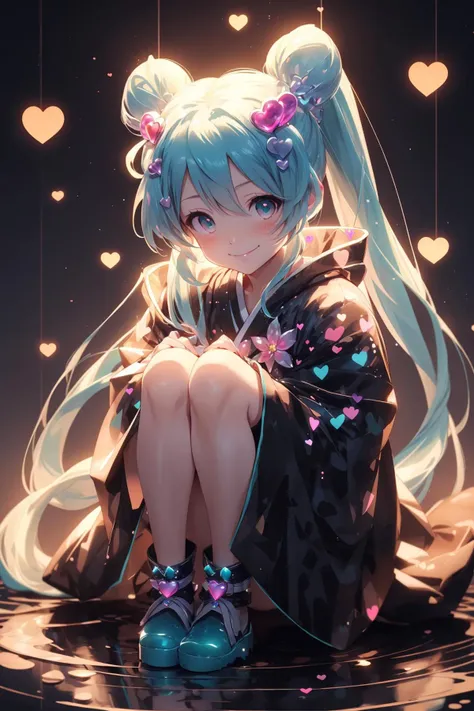 (best quality, masterpiece:1.2),sparkle, <lora:backlighting(光照):0.6>,smirk,bracelet,heart  hair  ornament,samurai,hatsune  miku,hugging  own  legs,gradient hair,high ponytail,vampire,