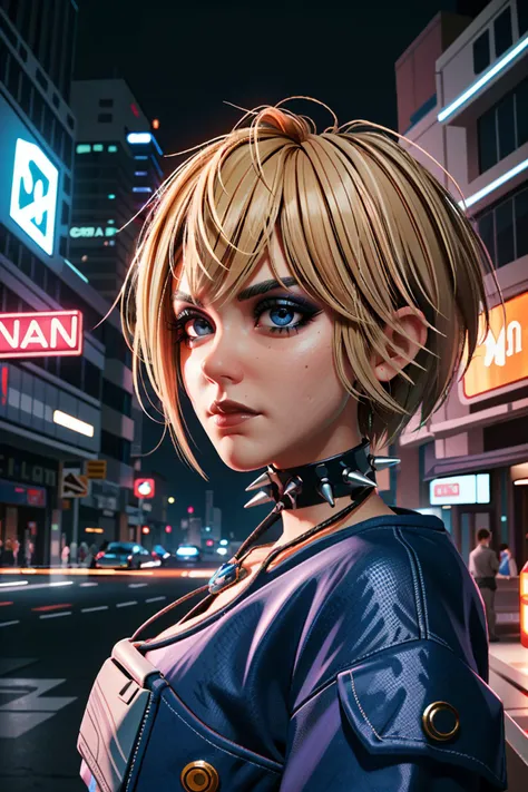 (masterpiece, best quality, highres)
 <lora:CyberMisty:0.8>
CyberMisty, 1girl, solo, blonde hair, spiked collar, makeup, futuristic cityscape, night, vibrant and neon-lit with a futuristic glow