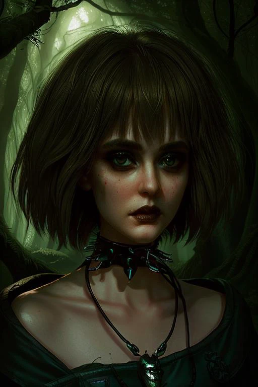 woman in a mythical forest, masterpiece, perfect face, intricate details, horror theme <lora:CyberMisty:1> cybermisty, choker