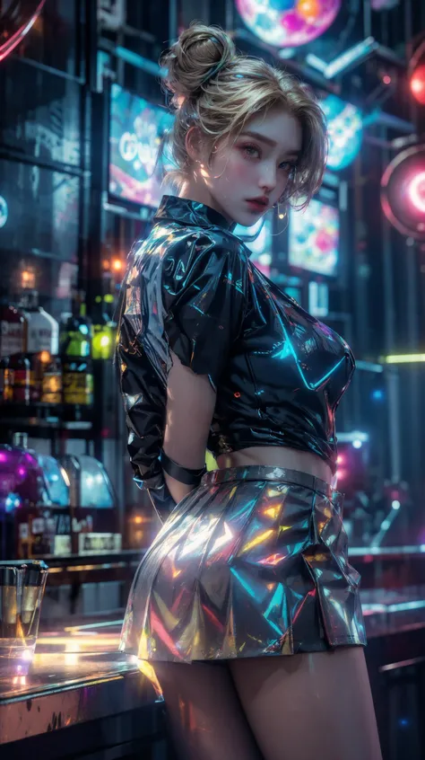 a woman in a shiny skirt standing in front of a bar