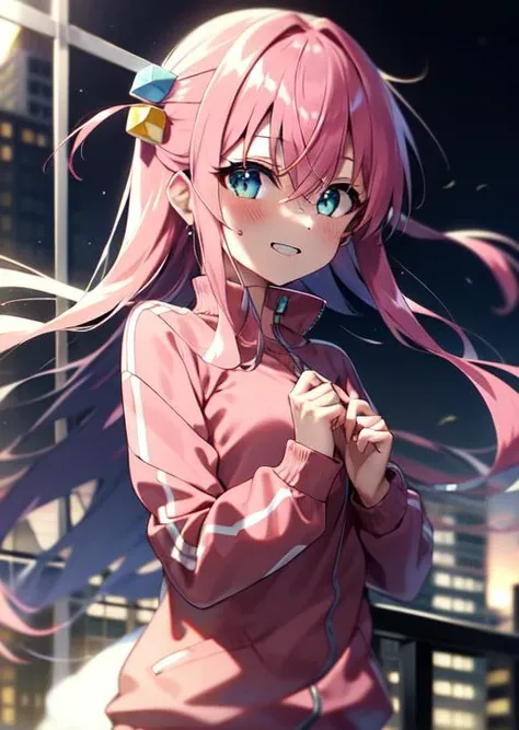 pink hair, long hair, hair between eyes, blue eyes, cube hair ornaments, gotoh hitori,, pink hair, long hair, pink track jacket, blue eyes, gotoh hitori, 1girl, solo,  <lora:ç¼çå:0.9>, city, cube hair ornament, smile, blushing, <lora:gotoh_hitori:1.0>