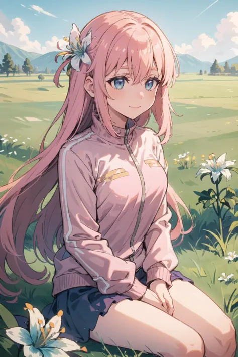 best quality, silent_princess flower, sp_hf, AS-Adult:1.3, gotoh hitori, pink hair, long hair, hair between eyes, blue eyes, cube hair ornaments, gentle smile,  track jacket, sitting in a grass field,  with a Silent_Princess sp_hf, looking away, daytime, <...