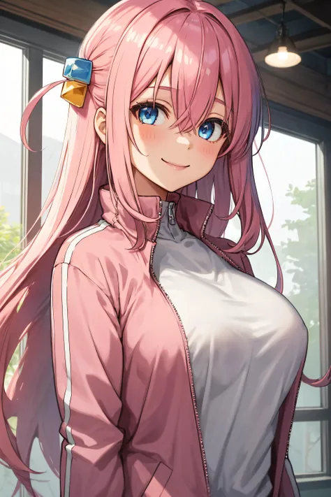 anime girl with pink hair and blue eyes standing in front of a window