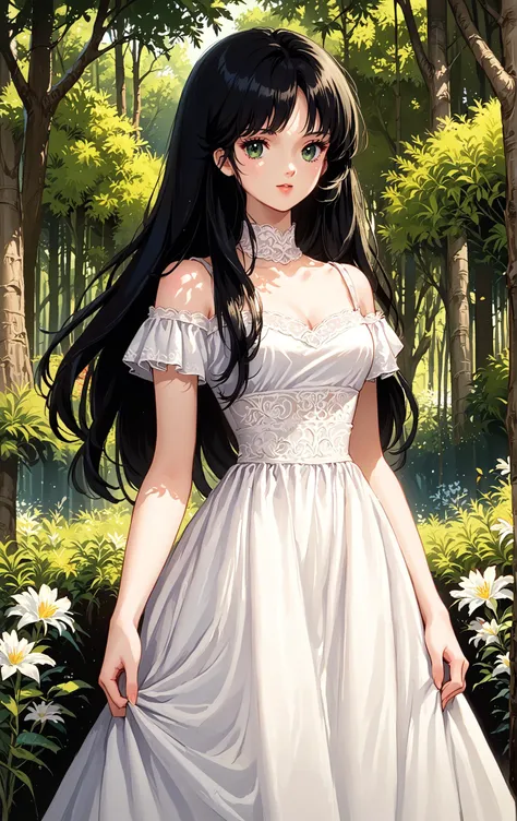 score_9, score_8_up, score_7_up, source_anime,girl,, white dress, fine lace, black long hair, forest, flowers, trees