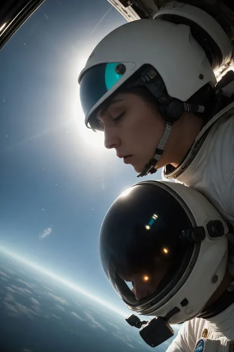 8k, RAW editorial portrait photo of an astronaut floating above the Earth,  reflections of Earths vibrant blues and greens on the helmet visor,  the astronaut hovers in the weightlessness of space. awe-inspiring perspective of earth from orbit,  (dramatic,...