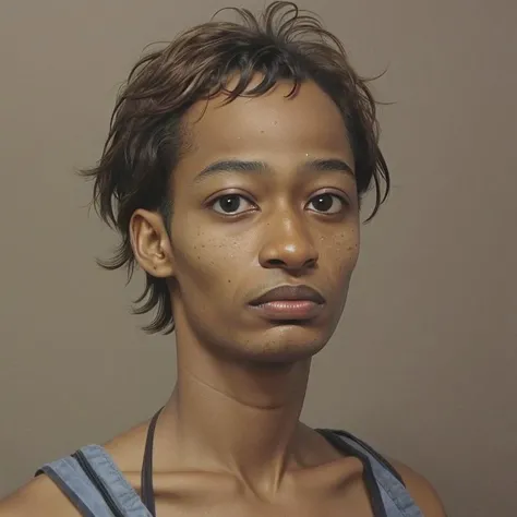 realistic 1woman, light-brown skin, unique haircut, imperfect face, pores, scratches, asymmetric, (mugshot:1.2)