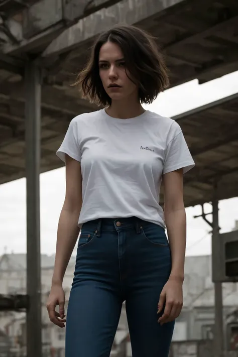 8k, RAW editorial portrait photo of woman in clothes, white t-shirt, jeans, face, short hair, posing, beautiful background, clouds, wind, (freckles:0.3), dark shot, perfect eyes, skin moles, (dramatic, gritty, intense:1.4), looks at viewer, cinematic shot,...