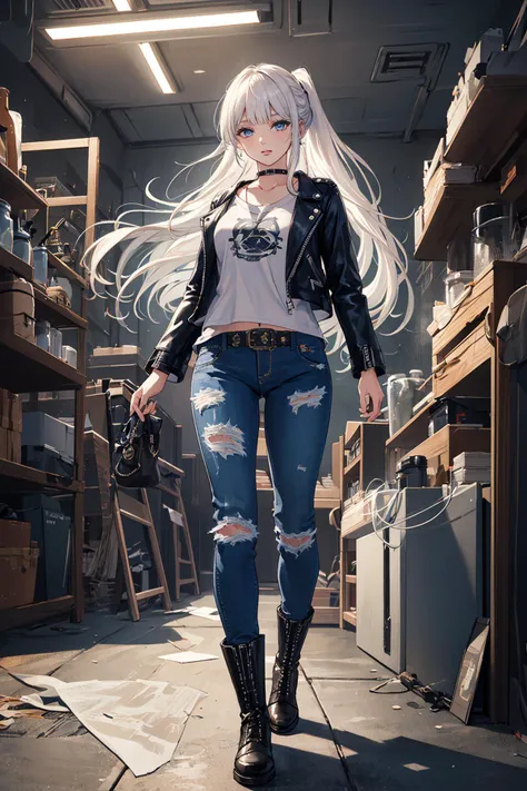 ((masterpiece)), (best quality), official art, extremely detailed CG, unity 8k wallpaper, ultra detailed,
1girl white hair blue eyes ponytail long hair, Classic Rock: Band tee, distressed jeans, leather jacket, and boots., 
<lora:phanora:0.9>, wide shot, 
...