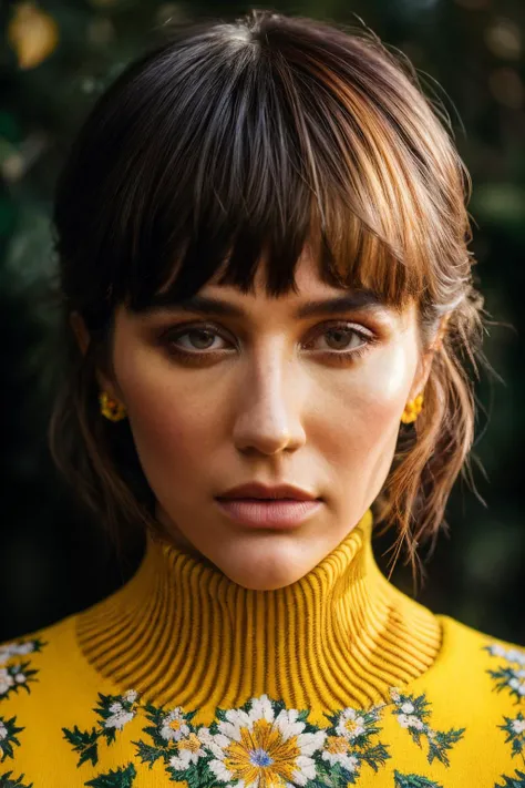 A stunning intricate full color up close portrait of ksh, wearing a yellow turtleneck with floral design pattern on it, epic character composition, by ilya kuvshinov, alessio albi, nina masic, sharp focus, natural lighting, subsurface scattering, f2, 35mm,...