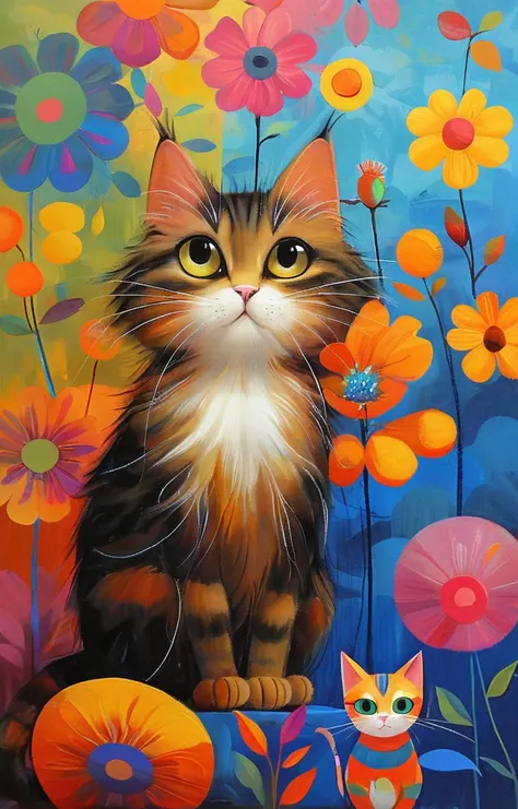 masterpiece,best quality,<lora:tbh165-sdxl:0.9>,illustration,style of Iwona Lifsches, cute Mainecoon cat and Abyssinian cat