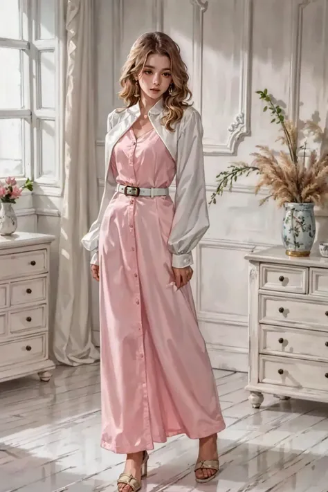 best quality,masterpiece,highres,original,extremely detailed wallpaper,perfect lighting,extremely detailed CG,<lora:add_detail:0.3>,perfect_photography.txt,
<lora:Dress01:0.7>,pink dress,white belt,