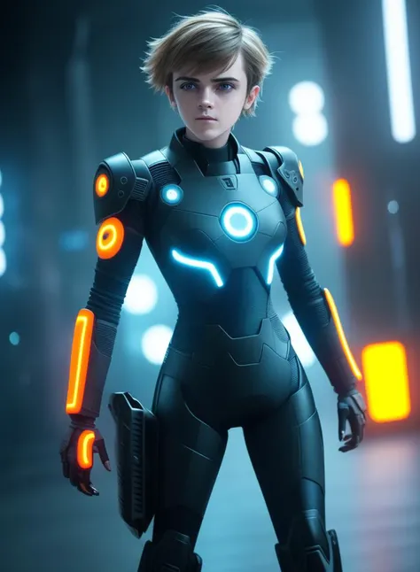 Style-TronLegacy-8v-B,  blue neon, Emma Watson in mech Punk silver clothes with short hair gril, battle status, hyper detailed, digital art, Cyberpunk style, unreal engine 5 rendered, octane rendered, (extremely detailed CG unity wallpaper),(masterpiece), ...