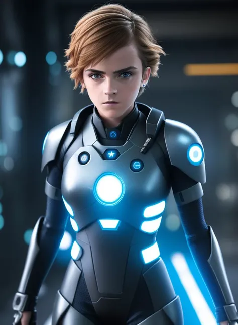 Style-TronLegacy-8v-B,  blue neon, Emma Watson in mech Punk silver clothes with short hair gril, battle status, hyper detailed, digital art, Cyberpunk style, unreal engine 5 rendered, octane rendered, (extremely detailed CG unity wallpaper),(masterpiece), ...