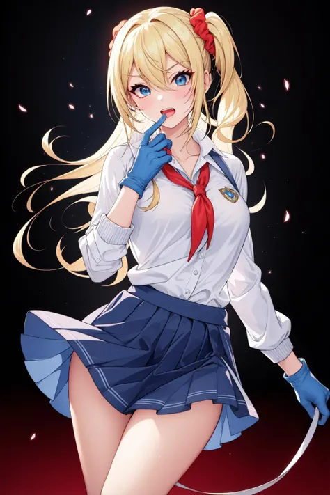 masterpiece, best quality, 1girl, long hair, breasts, looking at viewer, bangs, blue eyes, skirt, blonde hair, shirt, hair ornament, gloves, long sleeves, holding, hair between eyes, school uniform, white shirt, sidelocks, solo focus, collared shirt, white...