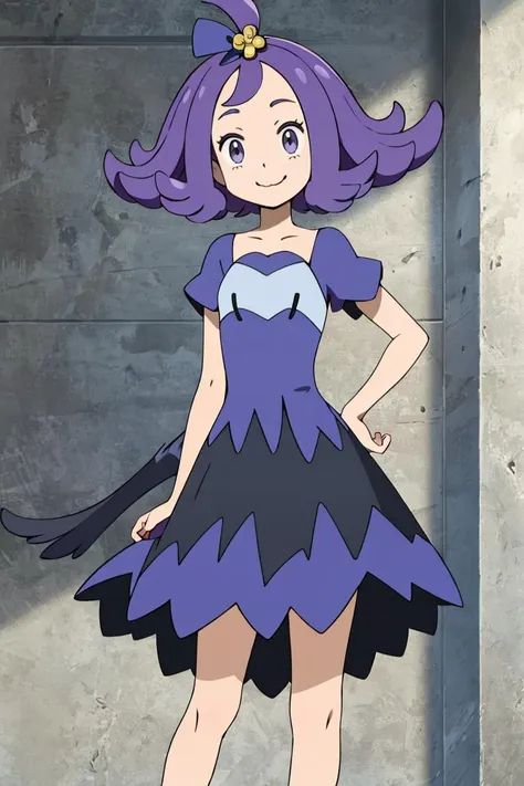 a close up of a person in a dress with a purple hair