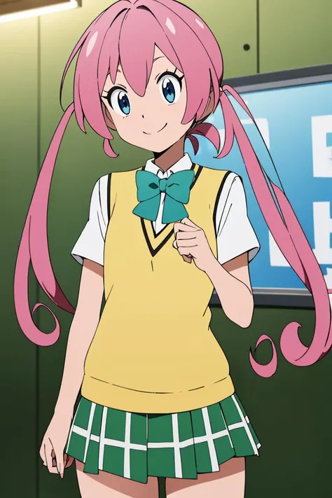 anime girl with pink hair and green skirt holding a bow