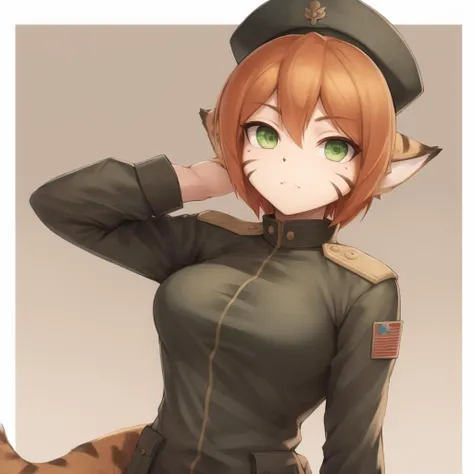 <lora:Katt_BOFII:1>,katt,furry female,animal ears,pointy ears,tail,orange hair,short hair,green eyes,facial mark,
(soldier:1.1),(military uniform:1.1),(military jacket:1.1),(military hat:1.1),, perfect, anisotropic filtering, masterpiece, best quality, abs...