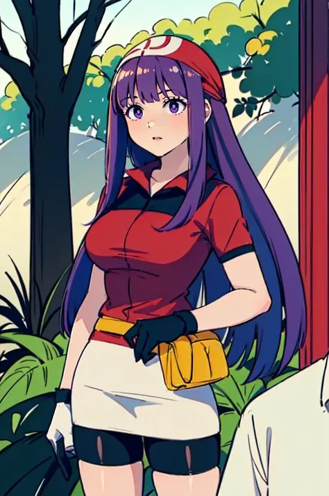 <lora:may_outfit:0.8> may_outfit, red bandana, red shirt, collared shirt, bike shorts, white skirt, miniskirt, gloves, fanny pack,  <lora:Fern:1> FernFrieren, very long hair, purple eyes, (purple pupils),, ultra detailed, masterpiece, best quality, aesthet...