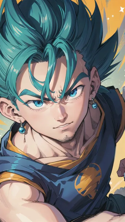 a close up of a young gohan with blue hair and green hair